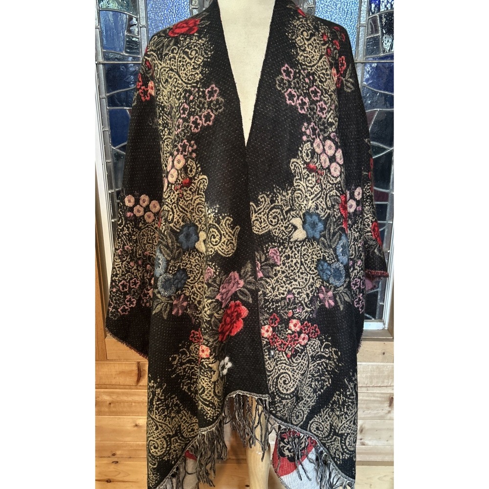 Poncho Wrap Floral One Size Fringe Black Background Multi Colored Floral Print